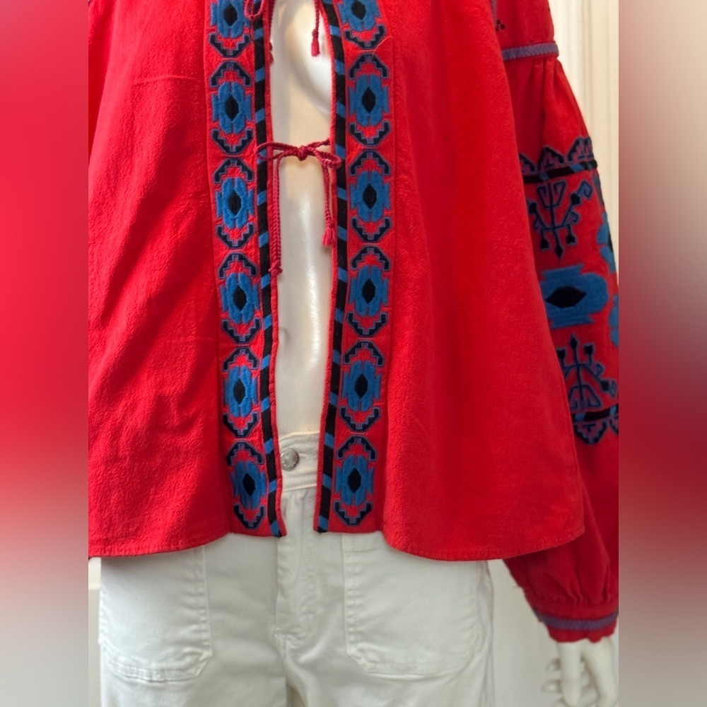 Free People Linen/Cotton Blend Vibrant Red Bohemian Jacket Blue Floral Accents L - Picture 4 of 15